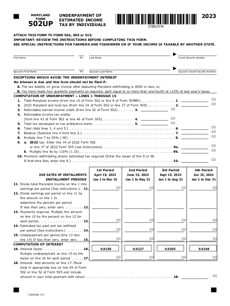  Tax Year 502UP Underpayment of Estimated Income Tax by Individuals Tax Year 502UP Underpayment of Estimated Income Tax by Indivi 2023-2024