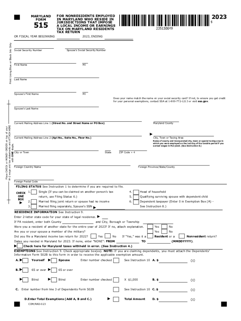  Maryland Form 515 Nonresidents Employed in Maryland Who Reside in Jurisdictions that Impose Local Income or Earnings Tax on Mary 2023-2024