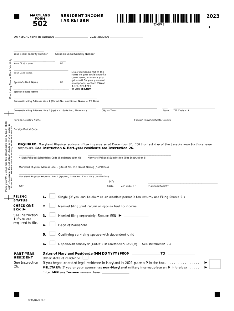  Tax Year 502 Resident Income Tax Return Maryland Form 502 Resident Income Tax Return, Tax Year 2023-2024