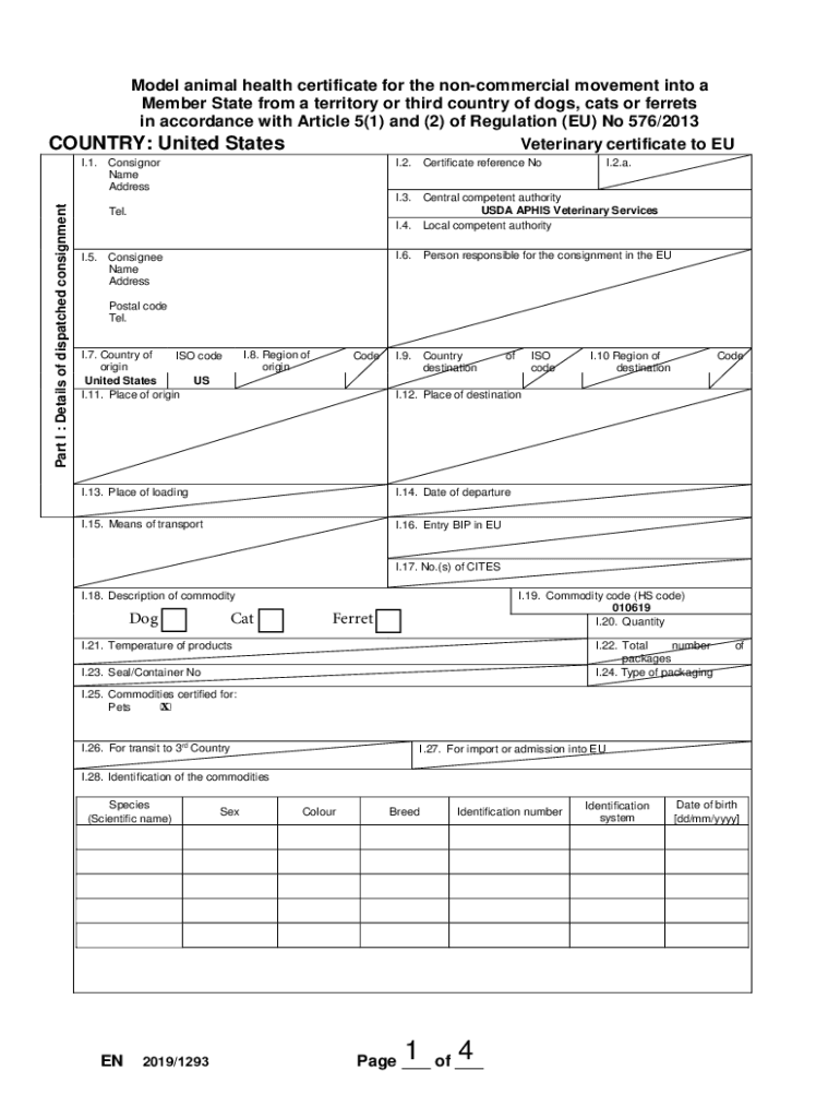  Pet Travel from the U S to Spain Health Certificates 2019-2024