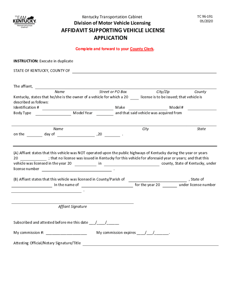 Bill of Sale Form Kentucky Affidavit Supporting Vehicle