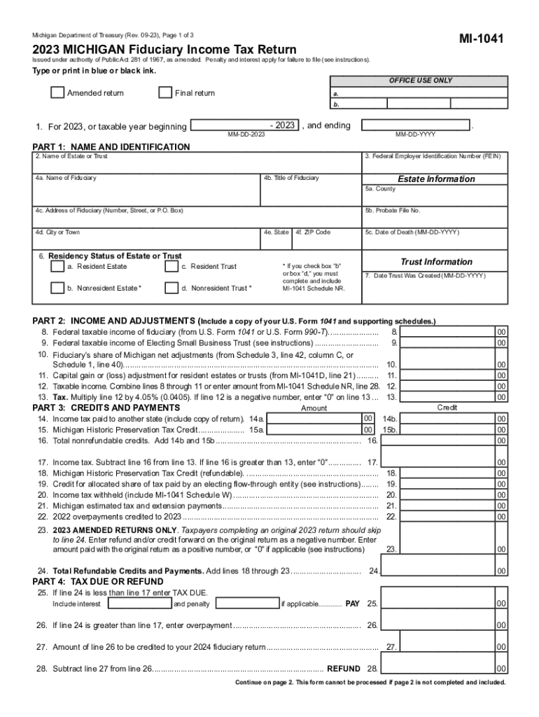  MI 1041 MICHIGAN Fiduciary Income Tax Return 2023-2024