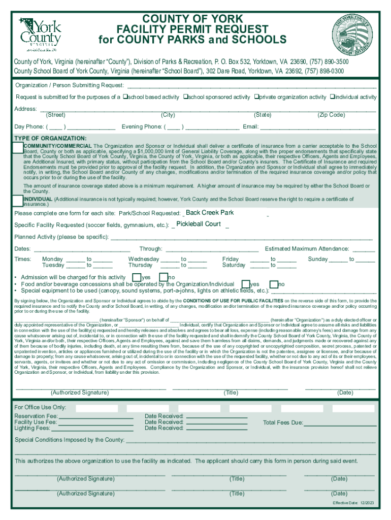 Get on Line Facilities Permit Request York County  Form
