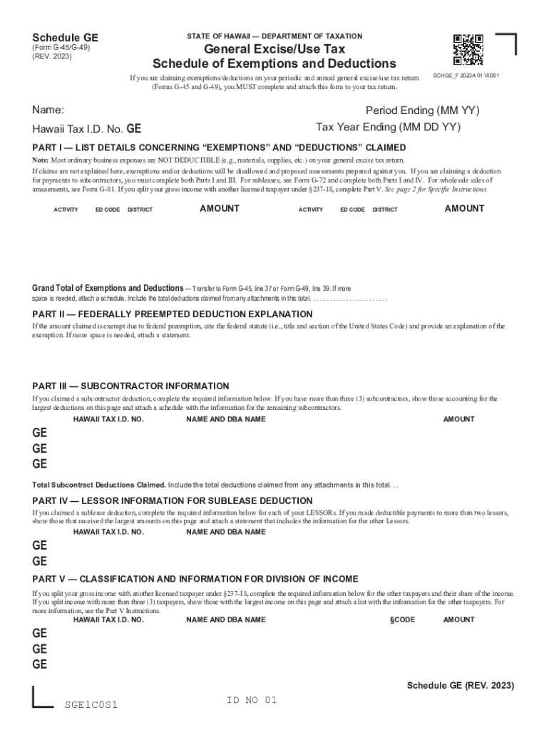  Schedule GE, Form G 45G 49, Rev , General ExciseUse Tax Schedule of Exemptions and Deductions Forms 2023-2024