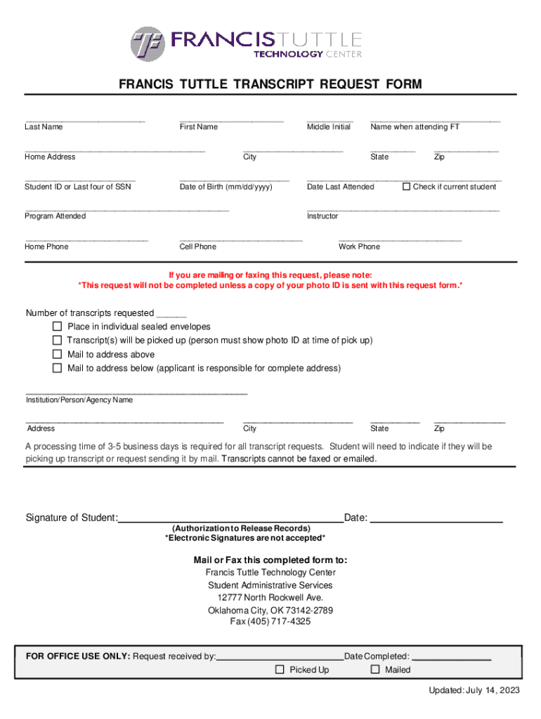 Transcript Request Link Tuttle High School  Form