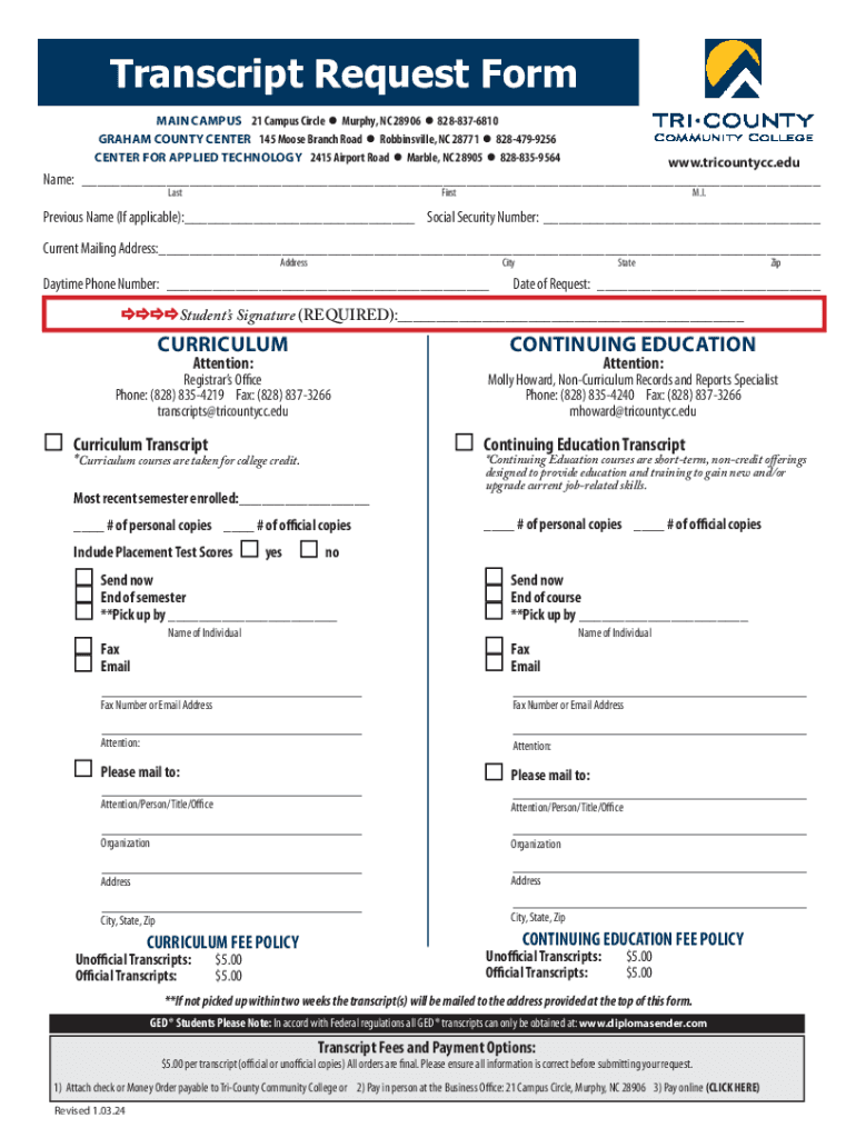 Transcript Request Form Tri County Community College