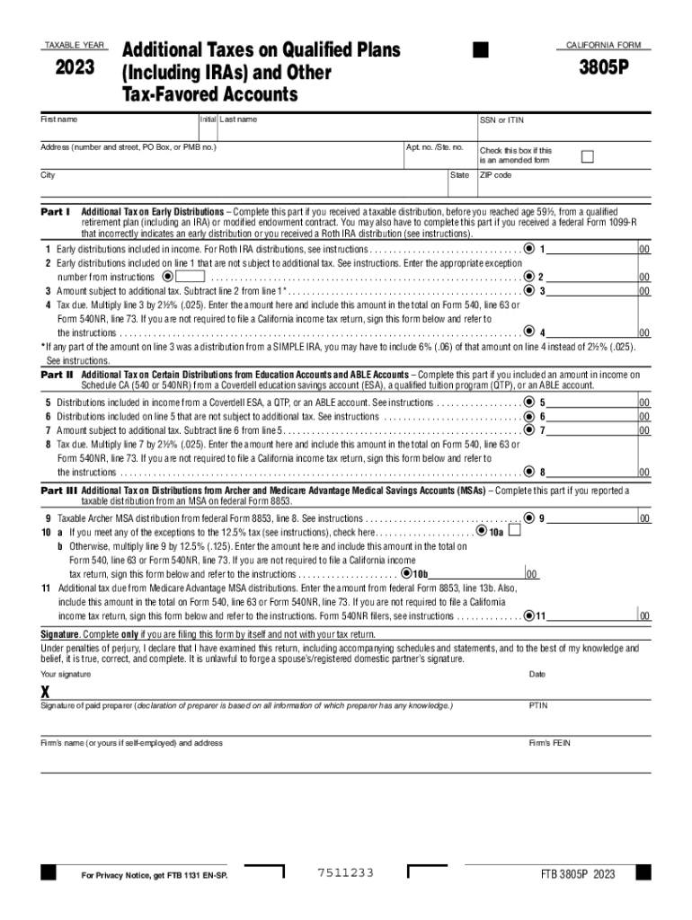  Form 3805P Additional Taxes on Qualified Plans Including IRAs and Other Tax Favored Accounts , Form 3805P, Additional Taxes on Q 2023-2024