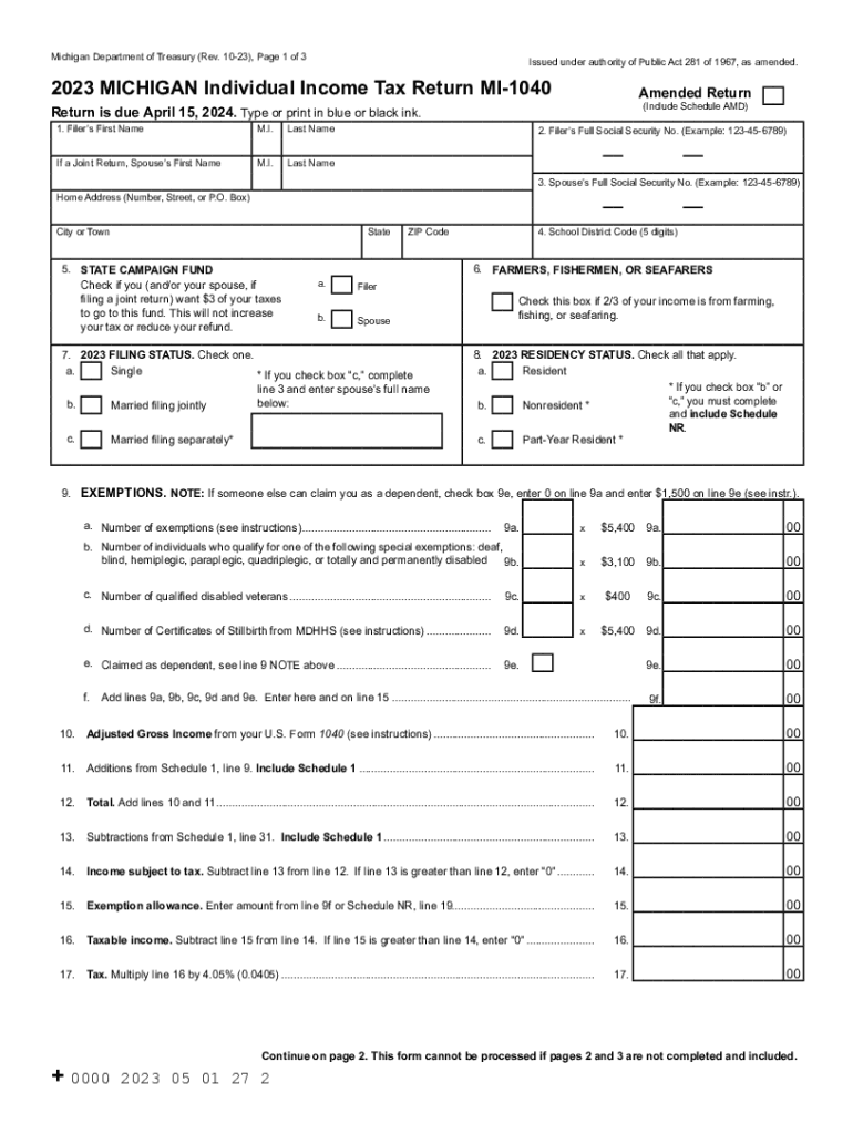  Michigan Individual Income Tax Return MI 1040 2023-2024