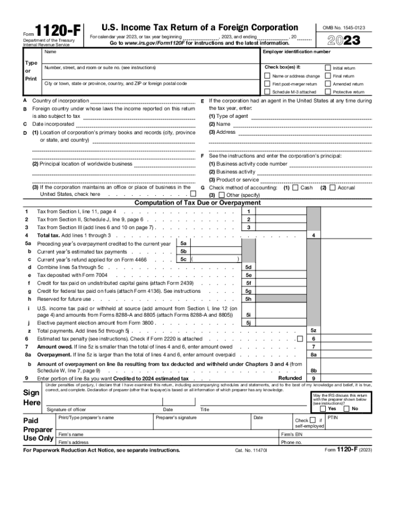  Form 1120 F U S Income Tax Return of a Foreign Corporation 2023-2024