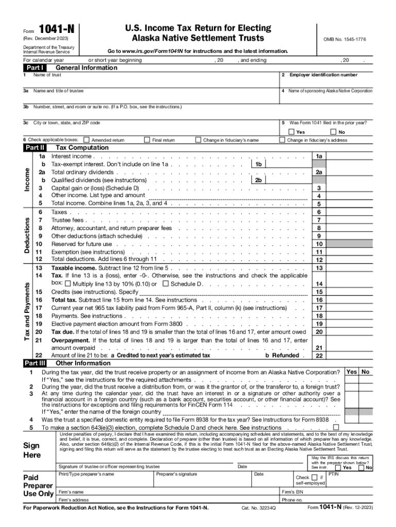  Form 1041 N Rev December U S Income Tax Return for Electing Alaska Native Settlement Trusts 2023-2024