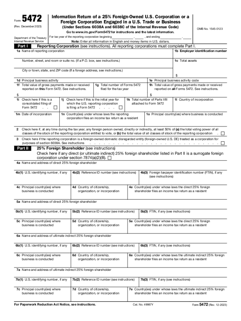  Form 5472 Rev December Information Return of a 25% Foreign Owned U S Corporation or a Foreign Corporation Engaged in a U S Trade 2023-2024