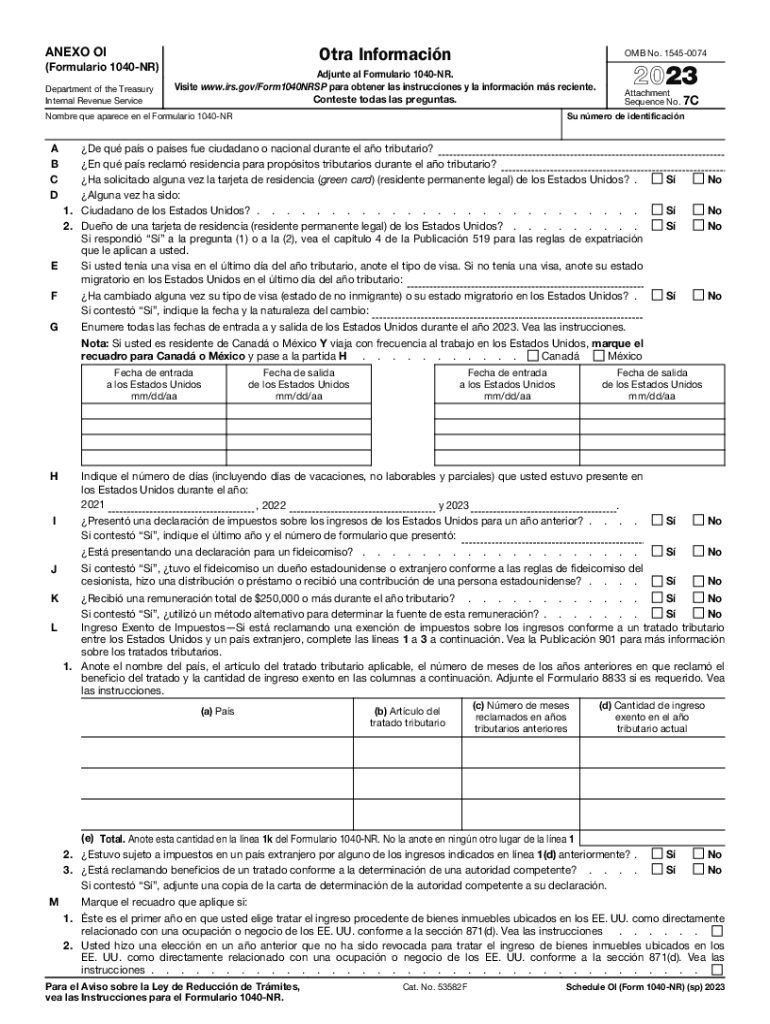 Schedule OI Form 1040 NR Sp Other Information Spanish Version