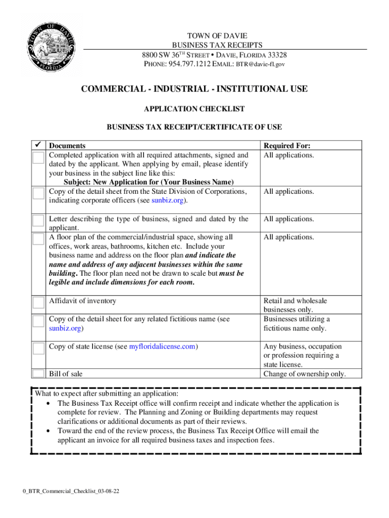  Commercial Business Tax Receipt Application the Town 2022-2024