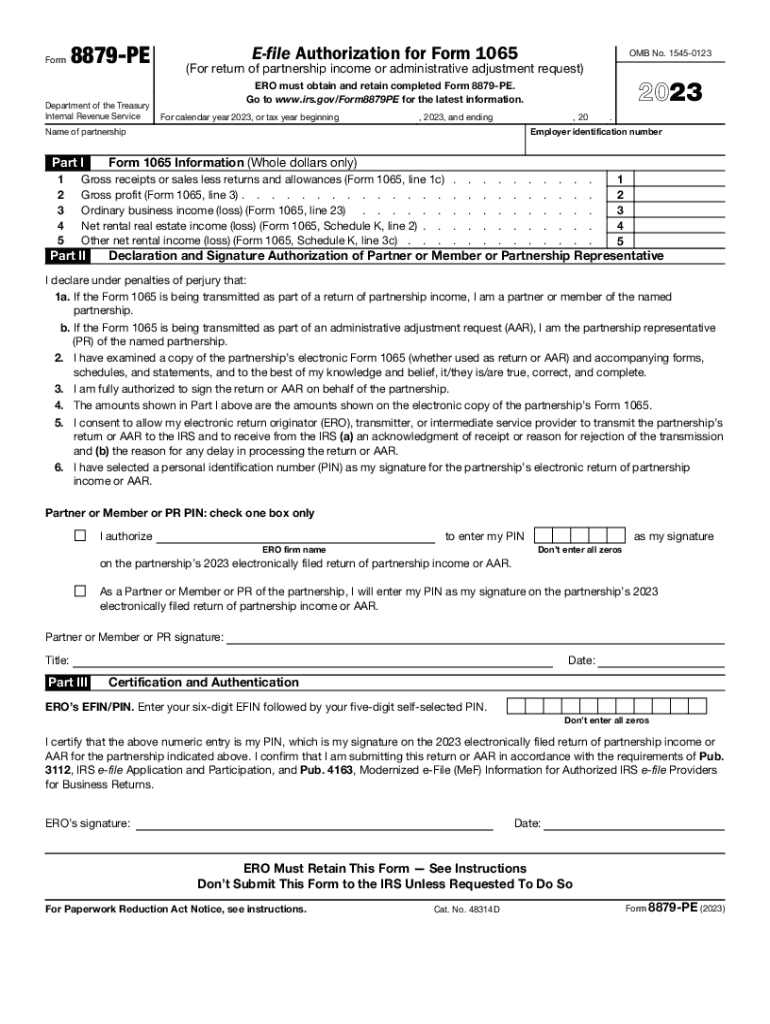  Form 8879 PE E File Authorization for Form 1065 2023-2024