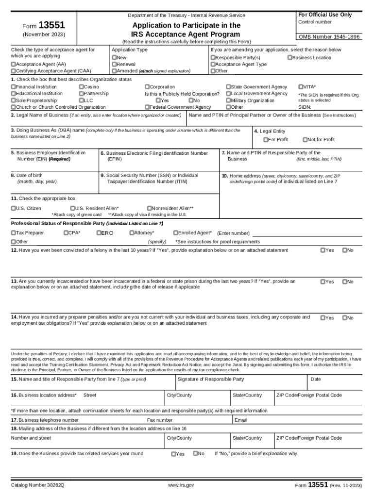  Form 13551 Rev 11 Application to Participate in the IRS Acceptance Agent Program 2023-2024