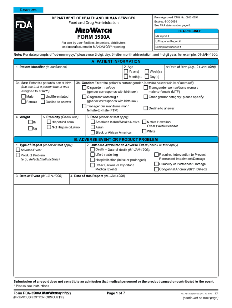  Form FDA 3500A MedWatch 2022-2024