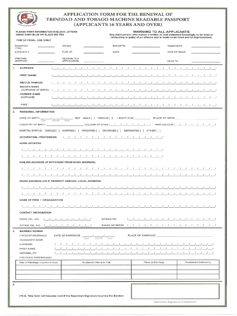  APPLICATION FORM for the RENEWAL of TRINIDAD and T 2016-2024