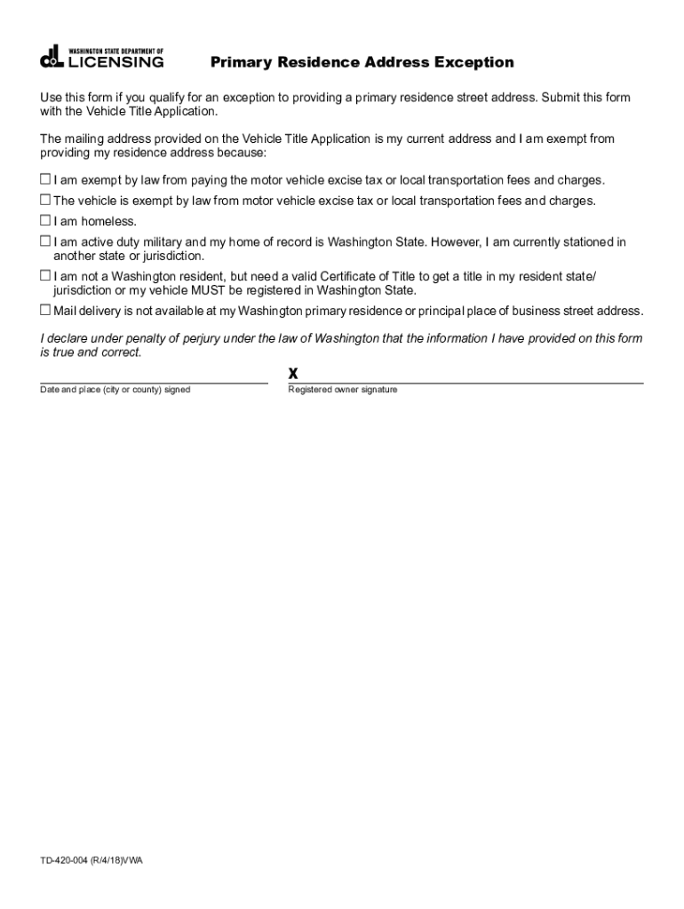  Primary Residence Address Exception Form to Use for an Exception to a Primary Residence Street Address 2018-2024