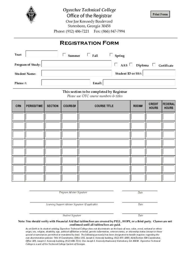 Registrar Office Ogeechee Technical College  Form