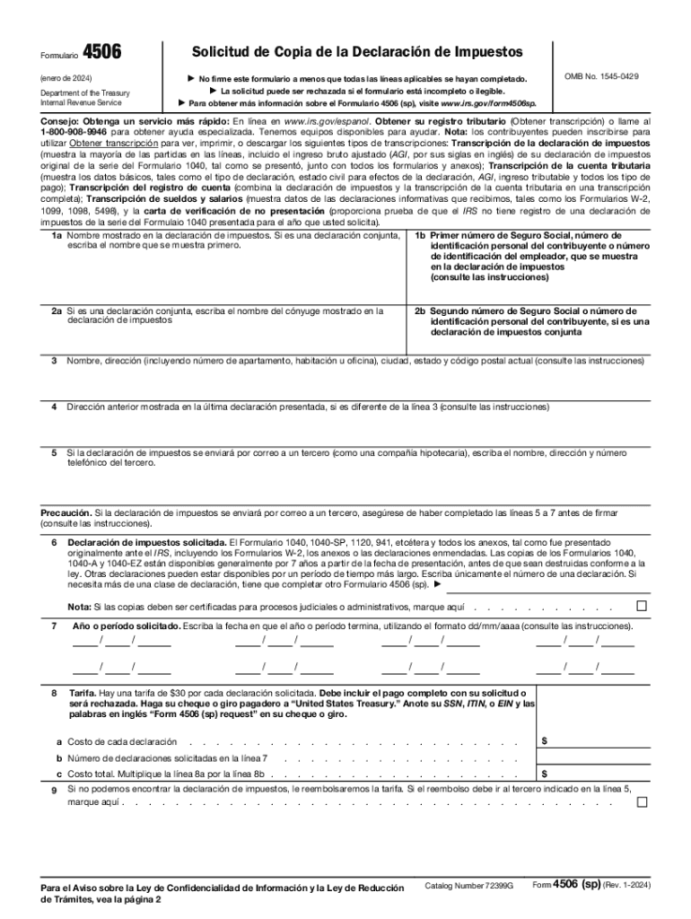  Form 4506 Sp Rev 1 Request for Copy of Tax Return Spanish Version 2024