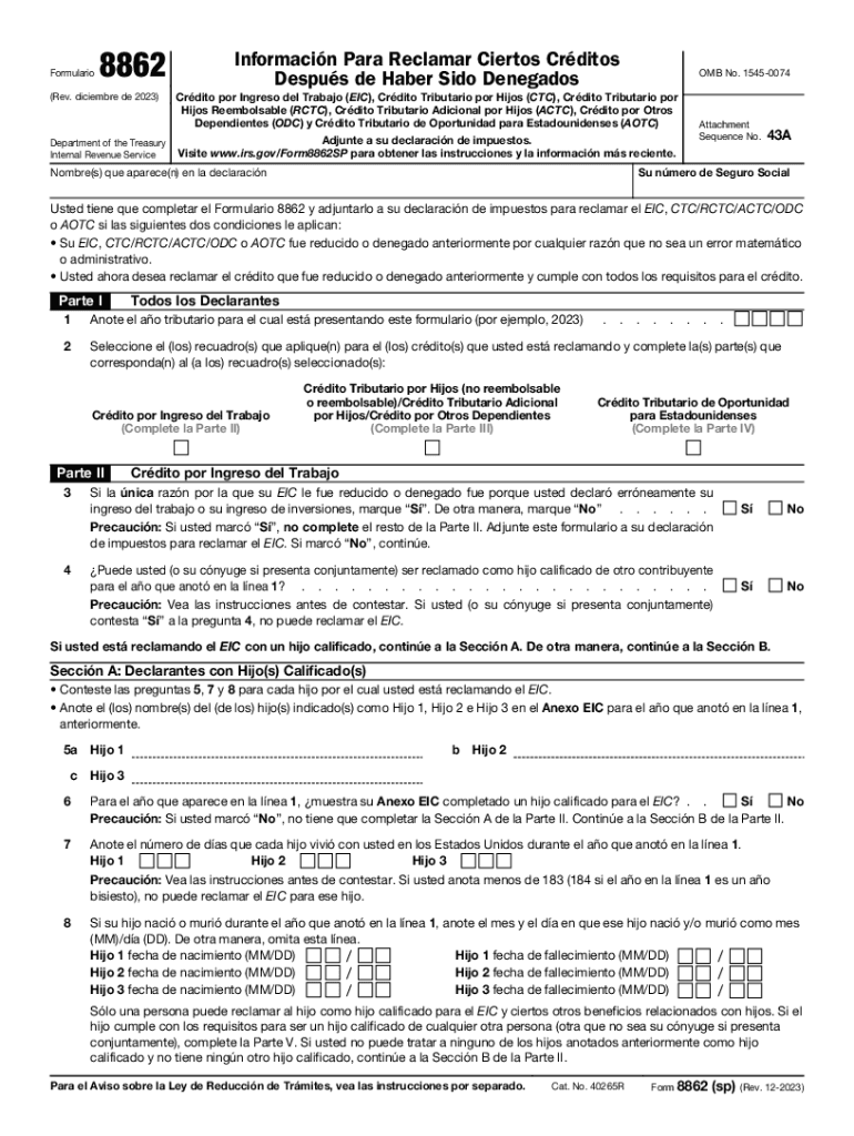  Form 8862 Sp Rev December Information to Claim Earned Income Credit After Disallowance Spanish Version 2023-2024