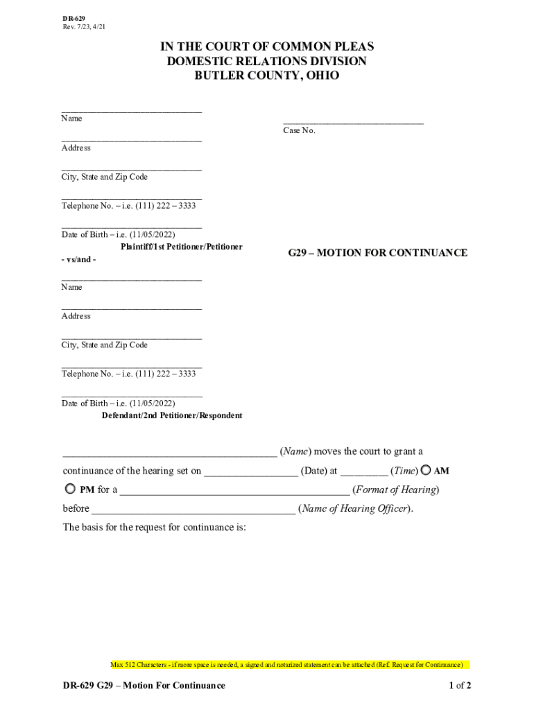  Ohio Motion for Continuance Form DR 629 2023-2026