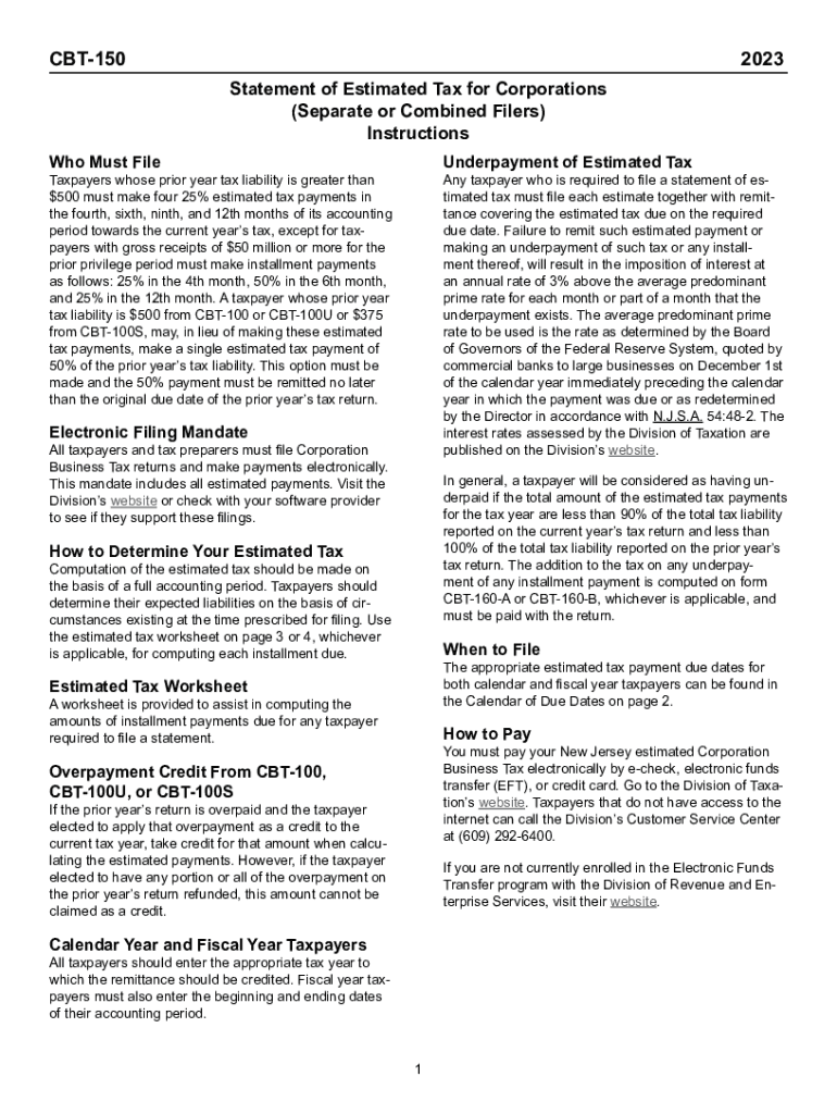  Form CBT 150 Instructions Instructions for CBT 150 Statement of Estimated Tax for Corporations 2023-2024