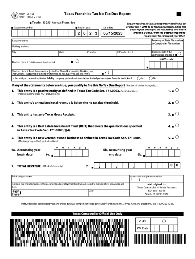  05 163 Texas Franchise Tax Annual No Tax Due Information Report 2023-2024