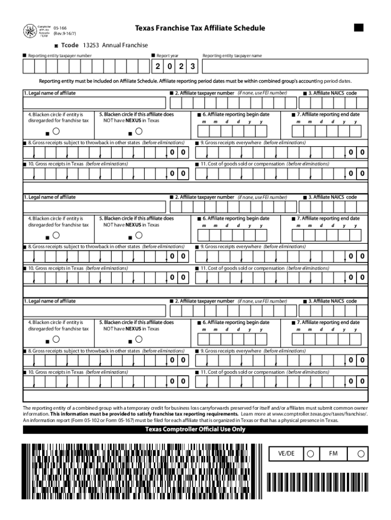  05 166 Texas Franchise Tax Affiliate Schedule for Annual Report 2022