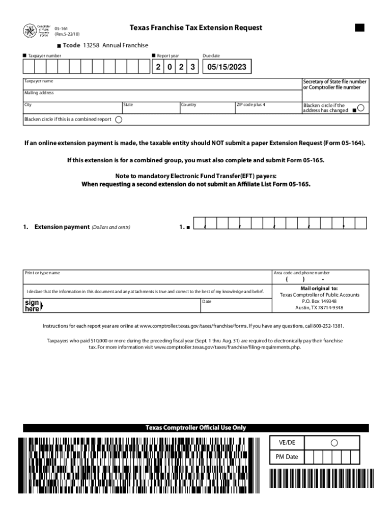  05 164 Texas Franchise Tax Annual Report Extension Request 2023-2024