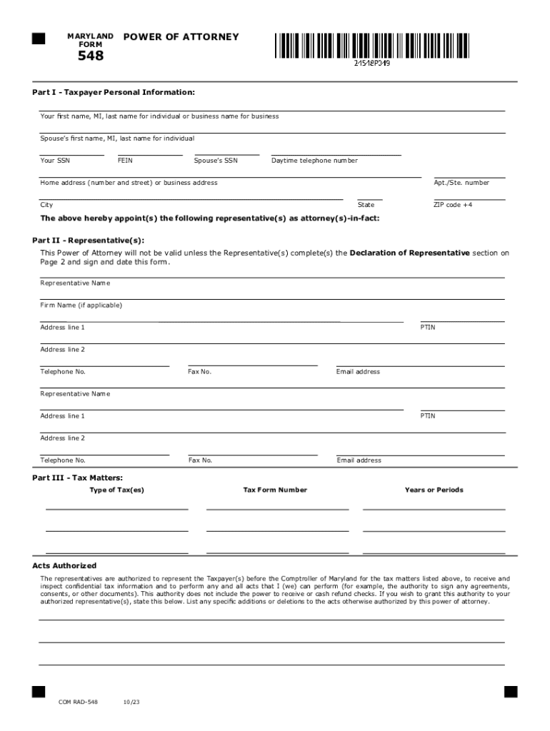  Maryland Tax Power of Attorney Form 548 2023-2024