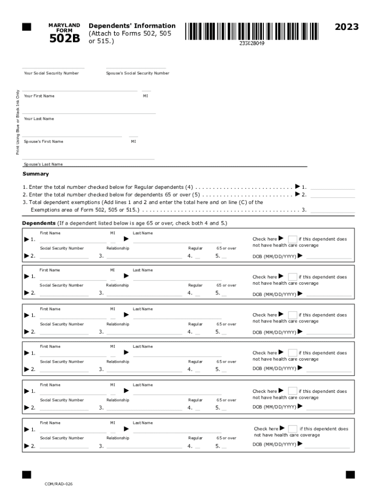  Tax Year 502B Dependents&#039; Information Maryland Form Dependents&#039; Information 502B Tax Year 2023-2024