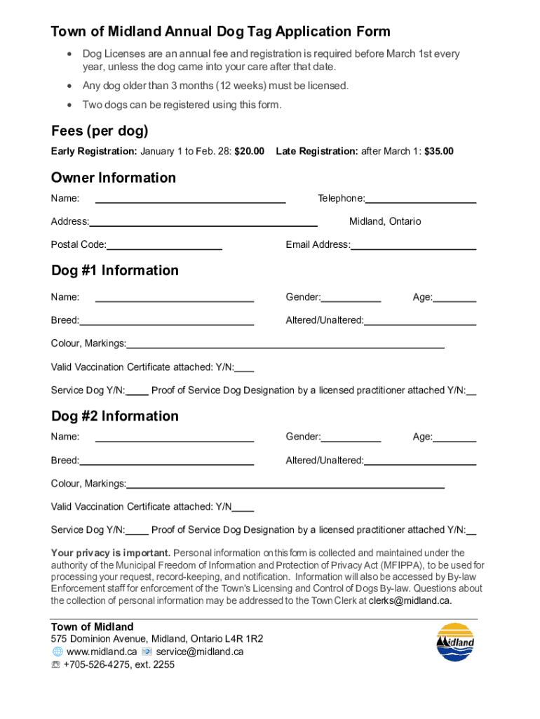 Town of Midland Annual Dog Tag Application Form
