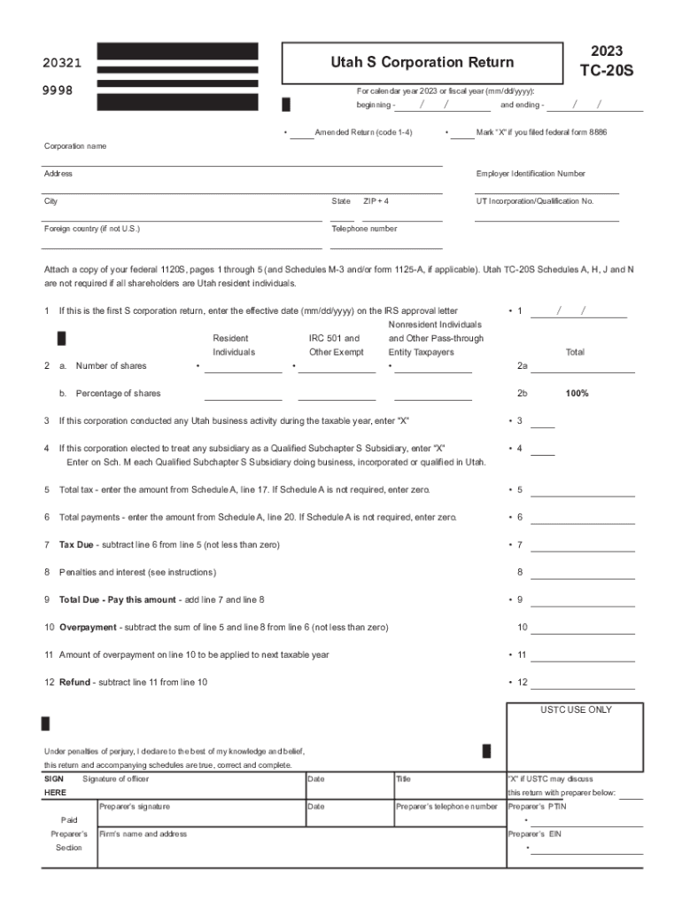  TC 20S Utah S Corporation Tax Return Forms &amp;amp; Publications 2023-2024