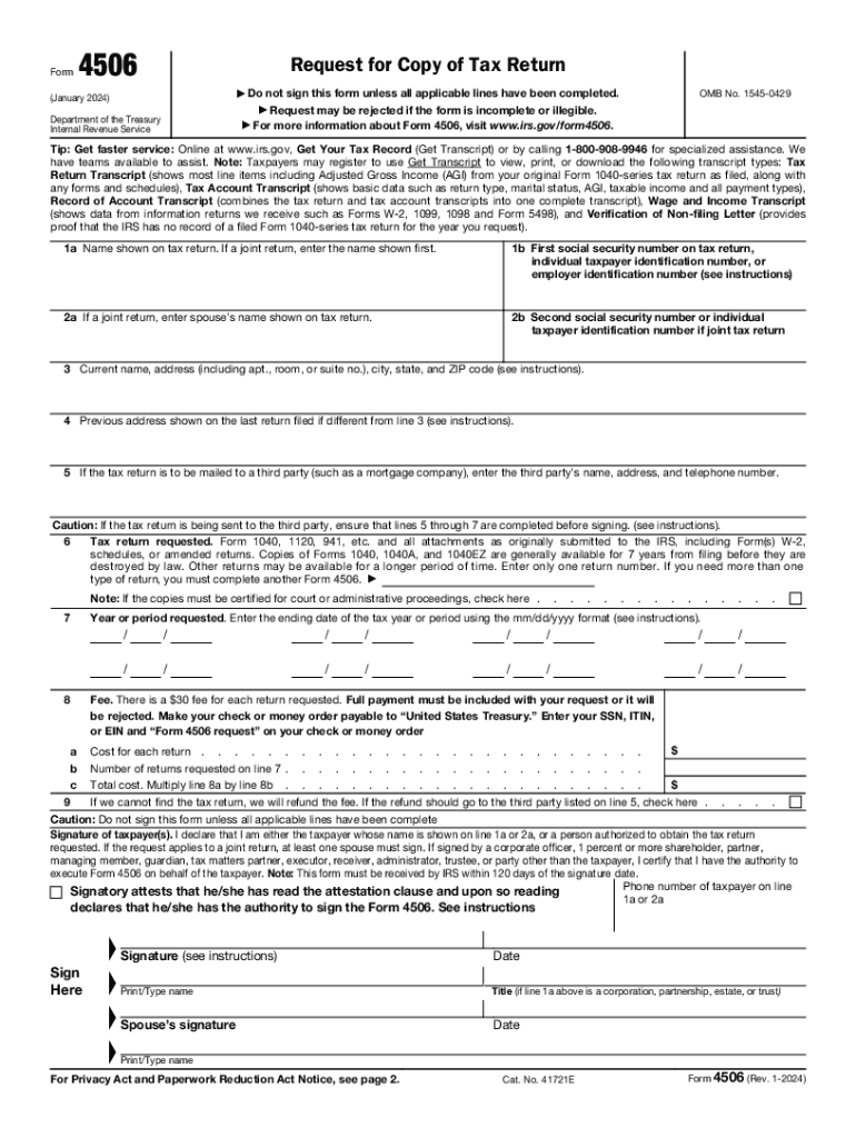 Form 4506 Rev 1 Request for Copy of Tax Return 2024