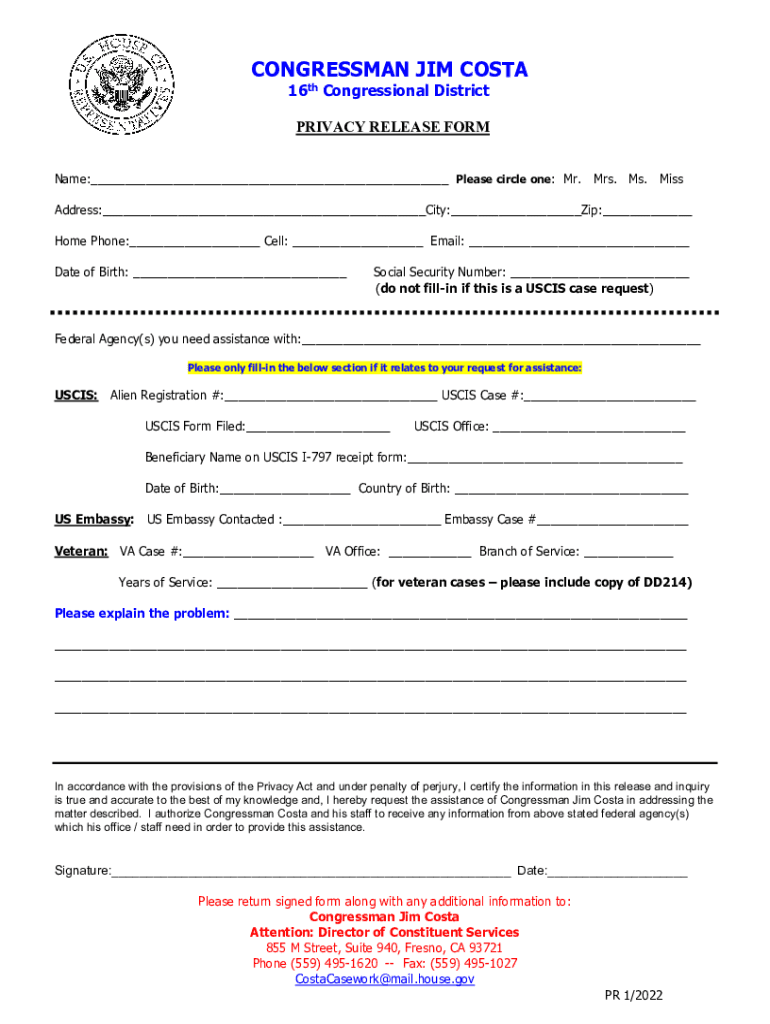 16th Congressional District PRIVACY RELEASE FORM 2022-2025