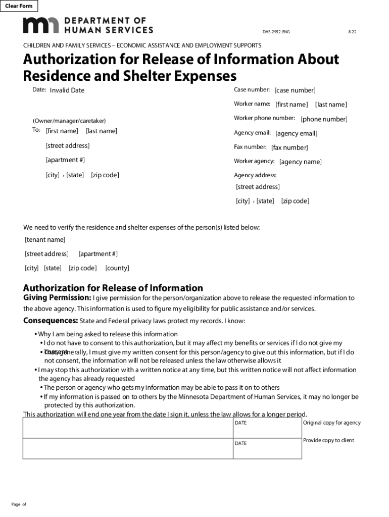  DHS 2952 ENG Authorization for Release of Information About Residence and Shelter Expenses Form 1 PDF 2022-2024