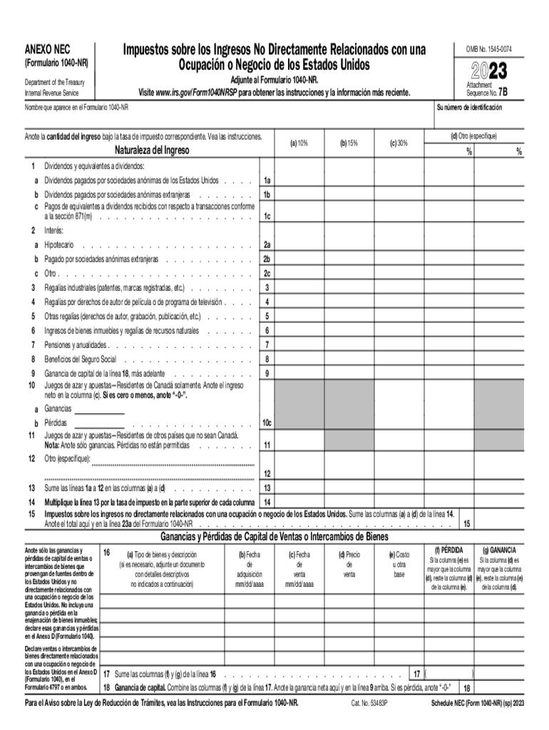  Schedule NEC Form 1040 NR Sp Tax on Income Not Effectively Connected with a U S Trade or Business Spanish Version 2023-2024