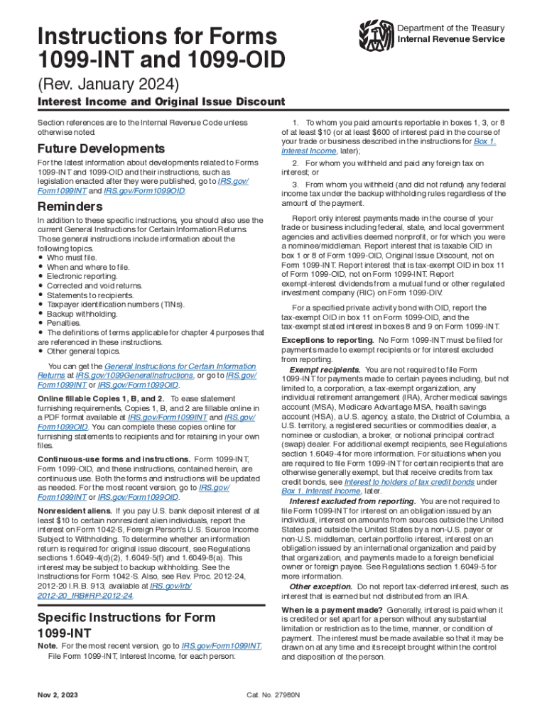  Instructions for Forms 1099 INT and 1099 OID Rev January Instructions for Forms 1099 INT and 1099 OID, Interest Income and Origi 2024