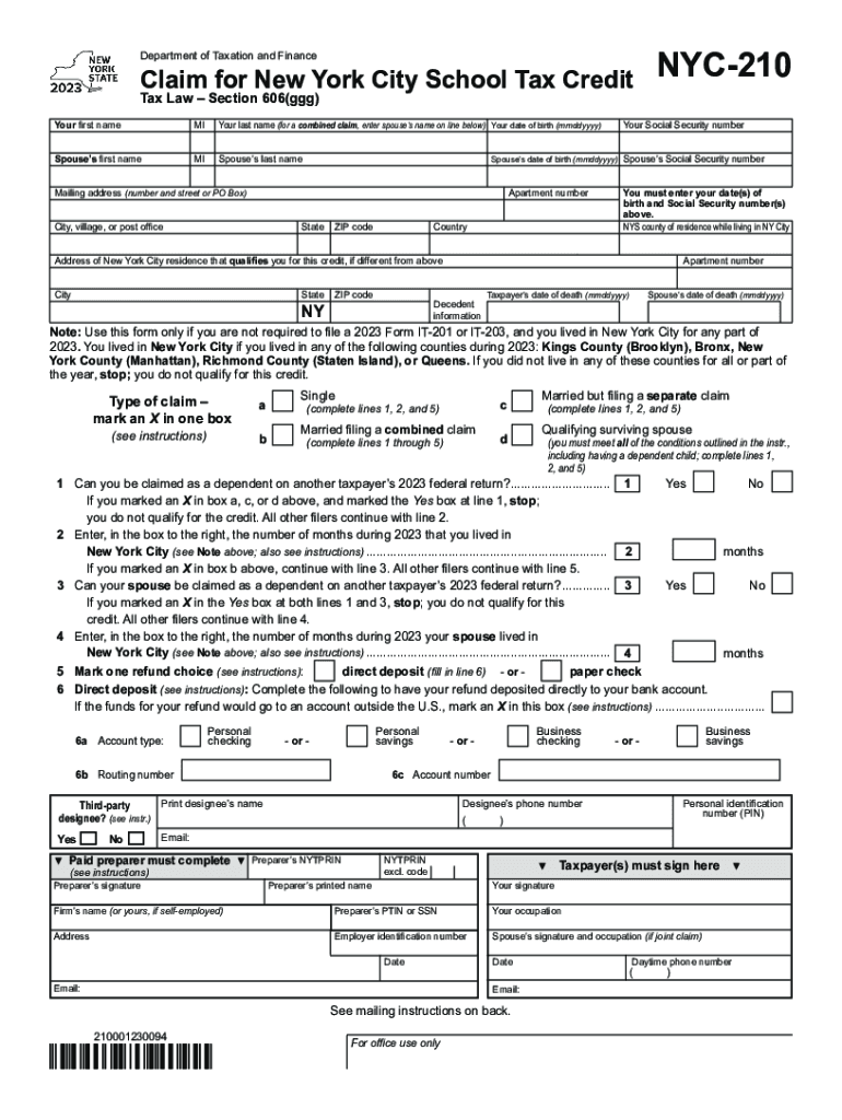  Form NYC 210 Claim for New York City School Tax Credit Tax Year 2023-2024