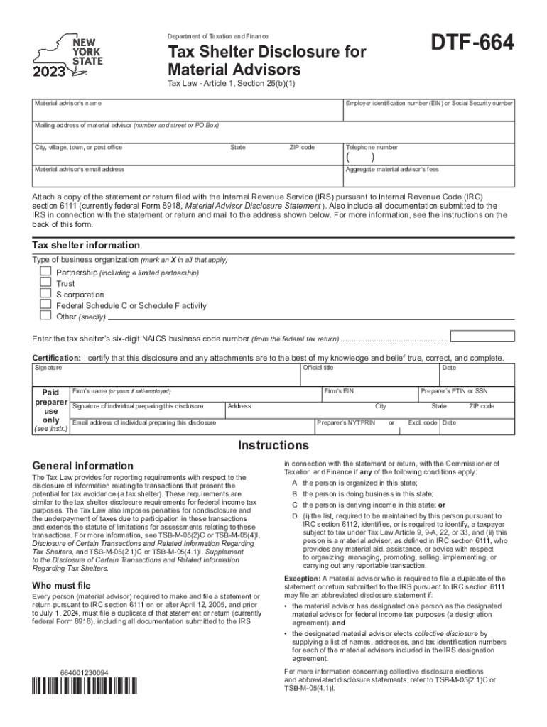 Form DTF 664 Tax Shelter Disclosure for Material Advisors Tax Year