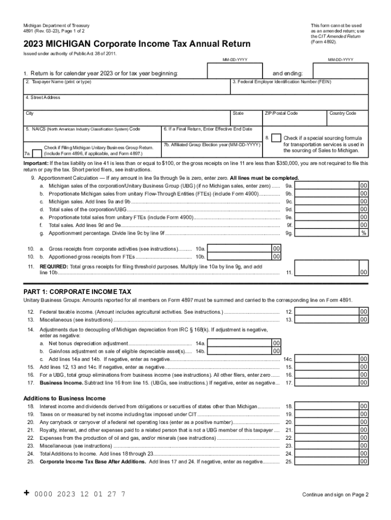  4891, Michigan Corporate Income Tax Annual Return 2023-2024