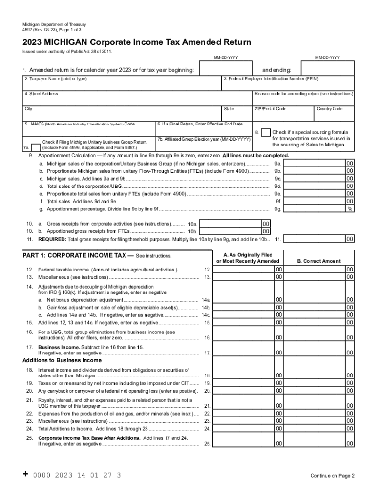  4892, Michigan Corporate Income Tax Amended Return 4892, Michigan Corporate Income Tax Amended Return 2023-2024