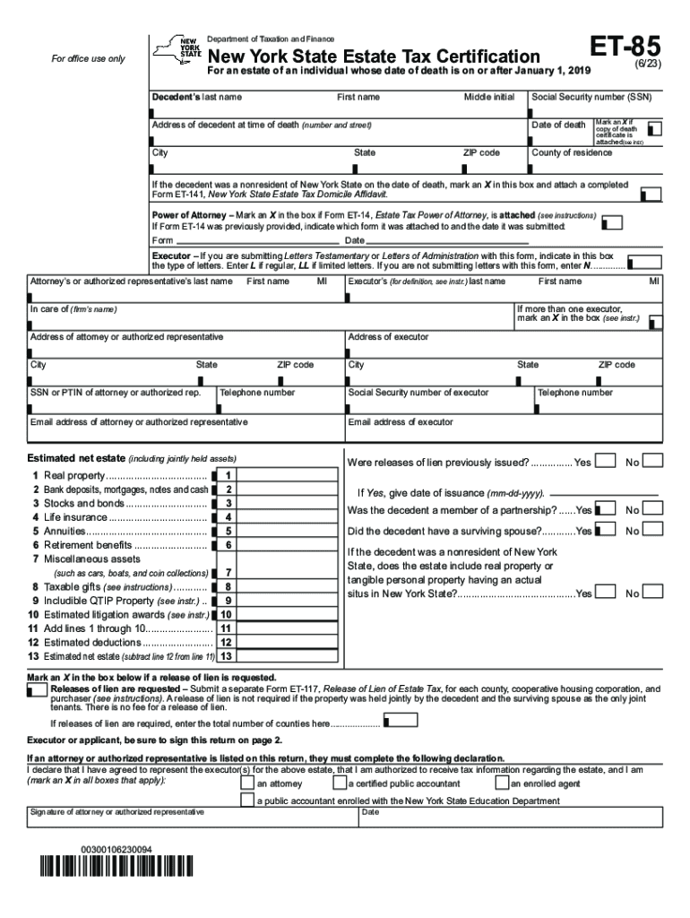  Form ET 85 New York State Estate Tax Certification Revised 623 2023-2024