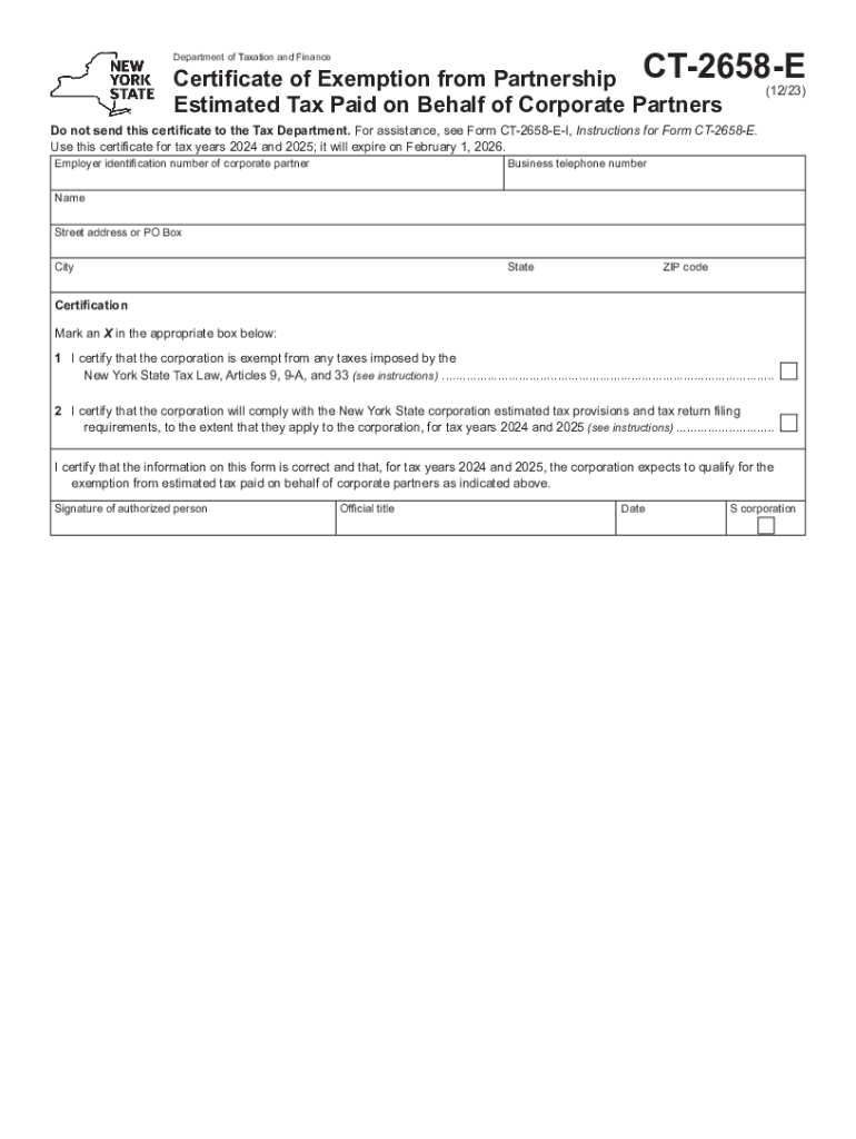  Form CT 2658 E Certificate of Exemption from Partnership Estimated Tax Paid on Behalf of Corporate Partners Revised 1223 2023-2024