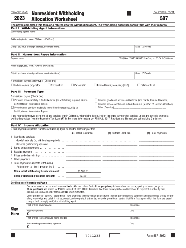  FORM 587 Nonresident Withholding Allocation Worksheet CALIFORNIA 2022