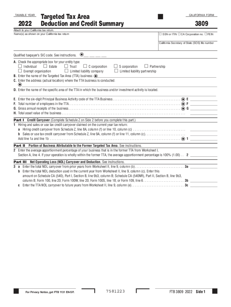 California Form 3809 Targeted Tax Area Deduction and Credit Summary 2022-2024