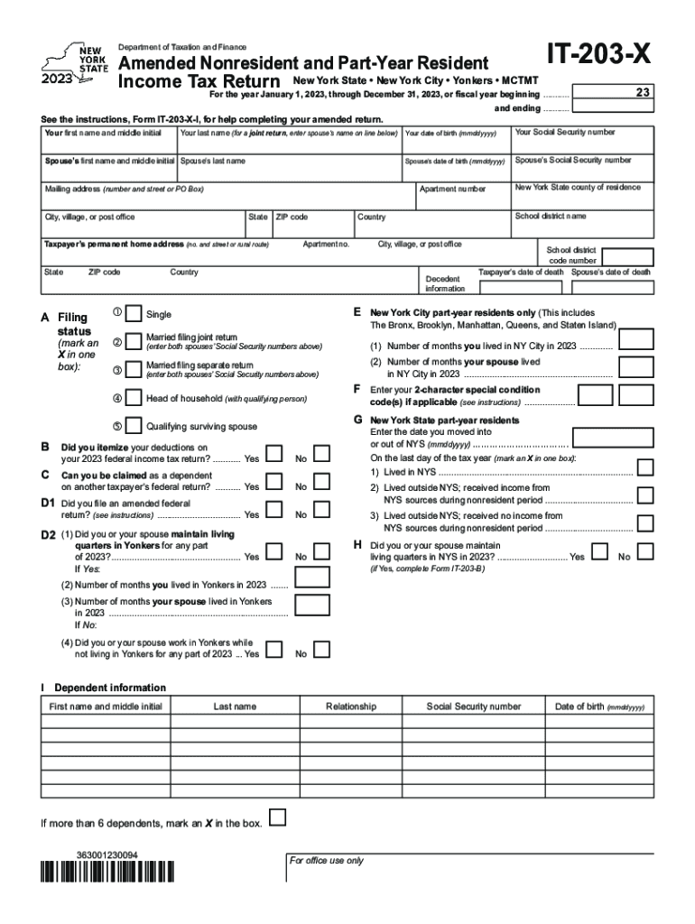 Form it 203 X Amended Nonresident and Part Year Resident Income Tax Return Tax Year