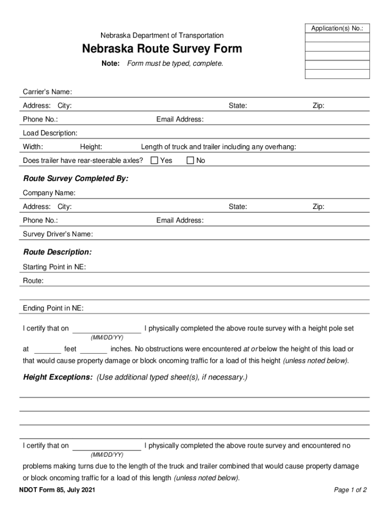 Nebraska Route Survey DOC Template  Form