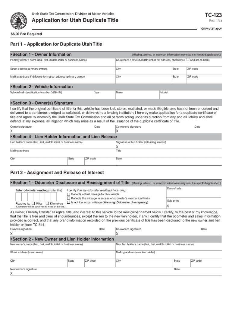  TC 123, Application for Utah Duplicate Title Forms &amp;amp; Publications 2023-2024